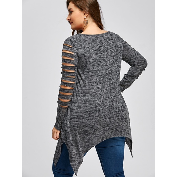 Plus Size Ripped Sleeve Handkerchief Top - Gray - Picture 5 of 7